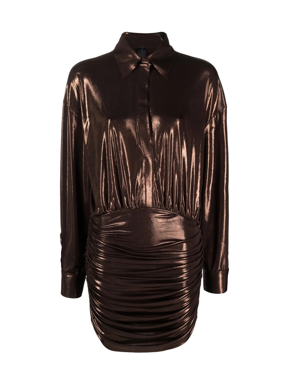 Norma Kamali Metallic-effect Brown Ruched Long-Sleeve Shirt Dress